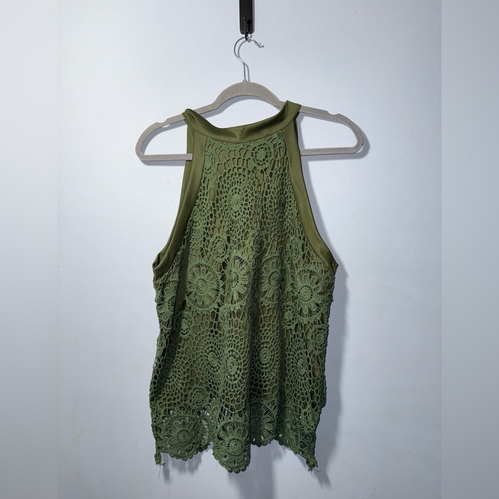 Unbranded Green Lace Mock Neck Tie Strap Halter Top See measurements EUC